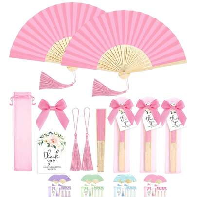 5/15/25pcs/Set Wedding Hand Fan Favor Set, Includes Transparent Organza Bag, Bow, Tassel, Gift Card, Suitable For Bridesmaid Gift, Wedding Party Decor, Bridal Shower Favor, Can Be Used As Photo Prop (1 Set Contains: Fan, Fan Cover, Card, Bow, And Tassel)
