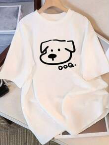 Modern And Minimalist T-Shirt For Women, For Dog Lovers - Puppy Face Print And "Dog" Text, Casual Short Sleeve T-Shirt, Suitable For Pet Owners, Can Be Worn In All Seasons, Puppy Design (Minimalist Black Line Art) For Casual Daily Wear. - 白色 - 查看 1