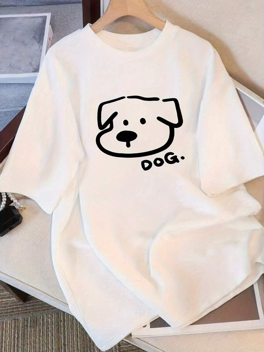 Modern And Minimalist T-Shirt For Women, For Dog Lovers - Puppy Face Print And "Dog" Text, Casual Short Sleeve T-Shirt, Suitable For Pet Owners, Can Be Worn In All Seasons, Puppy Design (Minimalist Black Line Art) For Casual Daily Wear. - 白色 - 查看 1