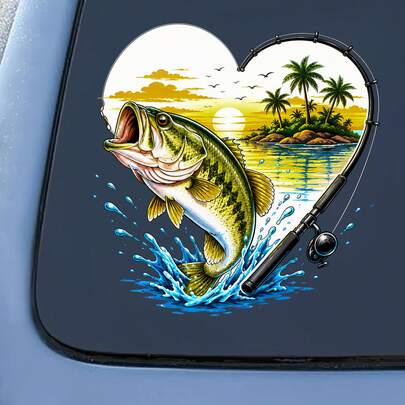 Nhãn dán xe hơi hình cá vược miệng rộng, decal vinyl chống thấm nước cho cửa xe, cửa sổ xe tải, thuyền, xe RV, nhãn dán hình trái tim dành cho người yêu thích câu cá, trang trí xe hơi ngoài trời tự dính chống tia UV