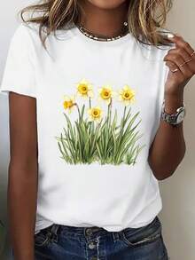 Women's Cotton T-Shirts, Round Neck, Casual Loose Fit, European Geometric Pattern, Short Sleeve - Breathable Summer T-Shirt, Simple Casual Top For Everyday Wear - 白色 - 查看 3