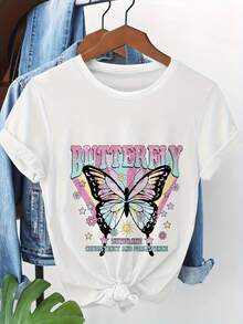 Women's Plus-Size Printed Short-Sleeve Crew Neck T-Shirt, Breathable And Perfect For Summer. This Casual, Butterfly-Print T-Shirt Is Ideal For Spring, Summer, And Fall. Suitable For Year-Round Wear, It's Simple, Makes A Great Gift, And Is Perfect For Everyday Wear, Especially During The Cool Summer Months. - 白色的 - 查看 2