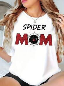 Camiseta gráfica de Spider Mom para mujer - Camiseta casual de cuello redondo con diseño de rojo y telaraña, manga corta, moda de primaveraverano, ropa casual  Diseño divertido  Ajuste cómodo - Blanco - Ver 1