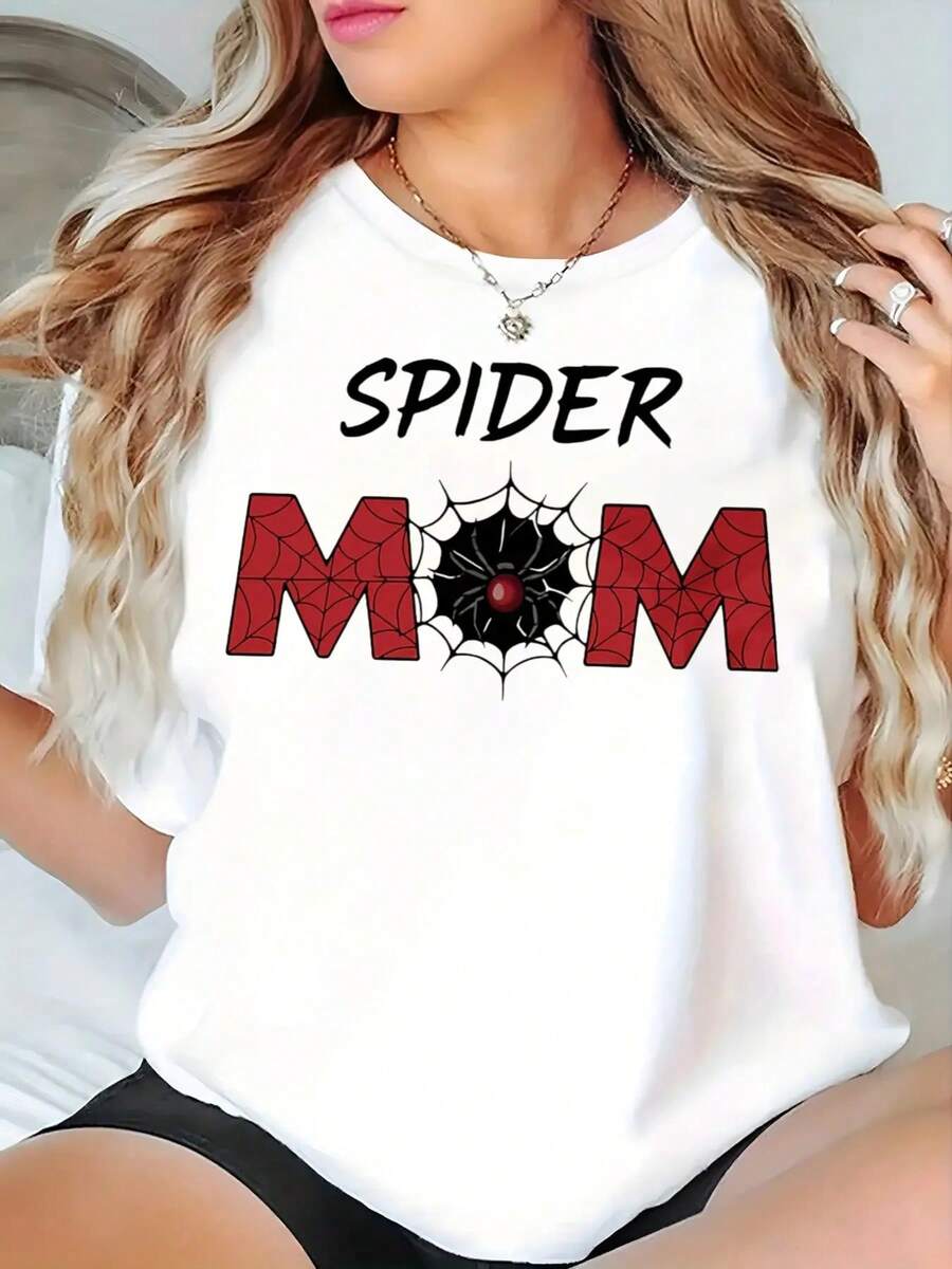 Camiseta gráfica de Spider Mom para mujer - Camiseta casual de cuello redondo con diseño de rojo y telaraña, manga corta, moda de primaveraverano, ropa casual Diseño divertido Ajuste cómodo - Blanco - Ver 1
