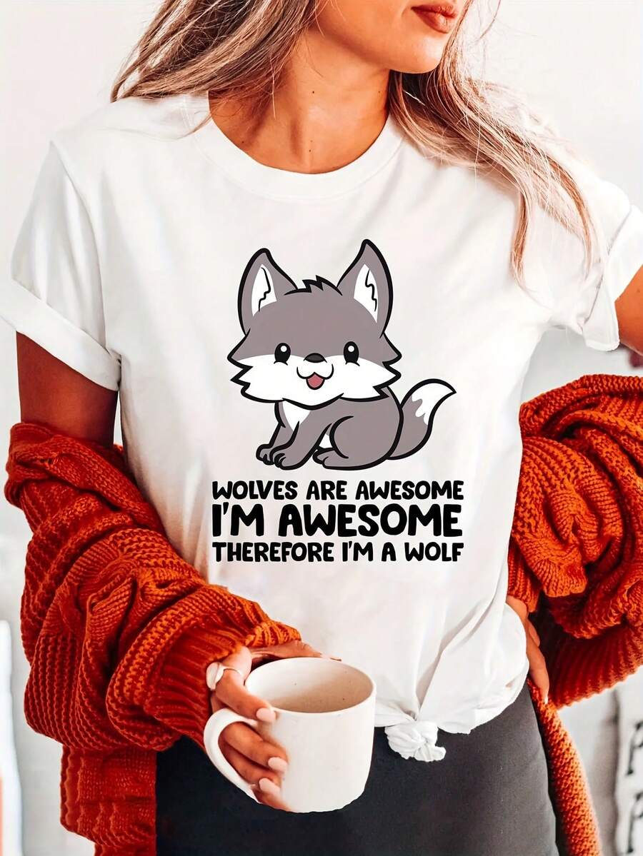 Women's Modern, Casual T-Shirt, Perfect For Parties And Lounging At Home. Made From 100% Cotton With A Relaxed Fit. Features A "Cartoon Wolf I'M Awesome" Letter Print, Short Sleeves, A Round Neck, And Is A Casual Top Ideal For Spring And Summer. - 白色 - 查看 1