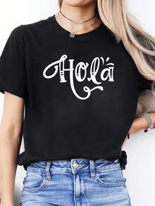 Pure Cotton T-Shirt Style 2026 With Spanish Letter Print, Casual Spring/Summer T-Shirt, Short Sleeve Sports T-Shirt With Round Neck, Women's Top - Vintage T-Shirt. - 黑色 - 查看 1