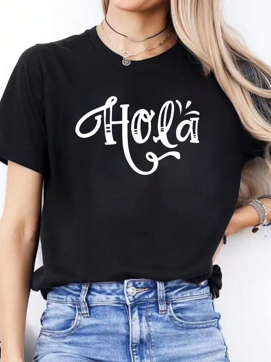 Pure Cotton T-Shirt Style 2026 With Spanish Letter Print, Casual Spring/Summer T-Shirt, Short Sleeve Sports T-Shirt With Round Neck, Women's Top - Vintage T-Shirt. - 黑色 - 查看 1