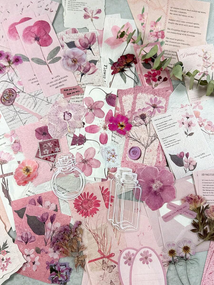 100pcs/Pack Vintage Plant & Floral Mixed Material Scrapbooking Stickers, Multifunctional DIY Decorative Stationery - Dried Flower Post Office - View 1