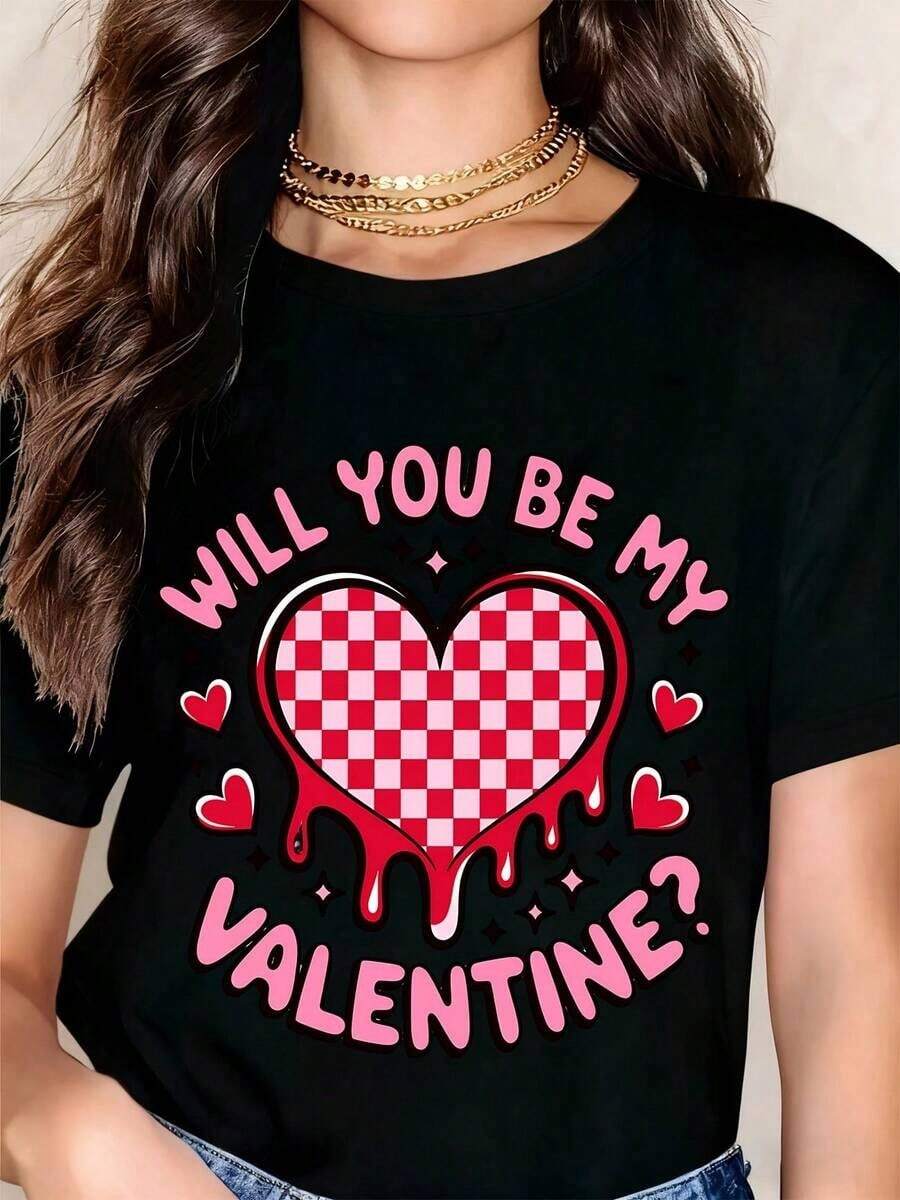 Round Neck T-Shirt With Heart Print And The Text 'Will You Be My Valentine?' For Valentine's Day. Women's T-Shirts. - 黑色 - 查看 1