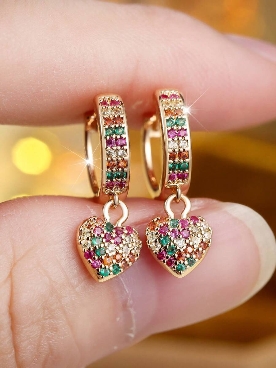 Vanel 1 par de pendientes de moda con colgante dorado, diseño de colgante de corazón de cubo arcoíris, joyería de moda romántica para uso diario - Amarillo dorado-multicolor - Ver 1