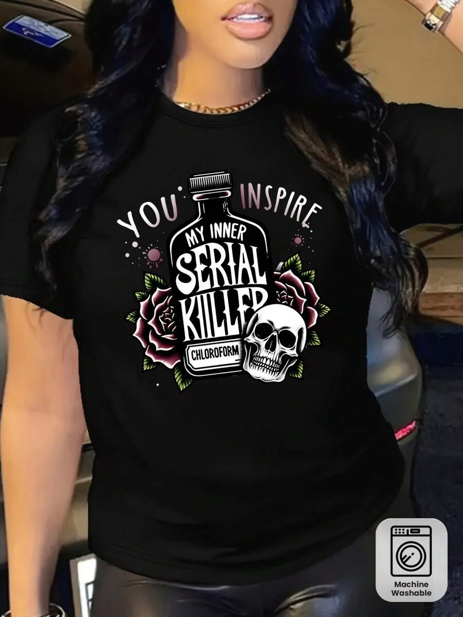 Women's T-Shirt With Skull And Rose Print | You Awakened My Inner Chemistry. | Interesting Links | Casual Short-Sleeve Crew Neck T-Shirt | Black Background With White Print | Gothic Rock Style | Suitable For All Seasons | Breathable | Regular Fit | Machine Washable | Uita - 黑色 - 查看 1