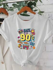 Women's Summer Short Sleeve T-Shirt, 1 Piece - Vintage 90s Geometric 2D Graphic Print, Full Of Nostalgic Elements.  Urban Style | Youthful Design | Comfortable Fit, Cute Clothing - 白色 - 查看 1
