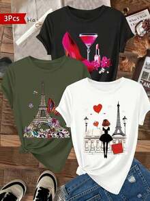 Artículo individual, no un conjunto de tres piezas, corte holgado, camiseta estampada. Este artículo presenta un estampado tropical, sencillo pero elegante, y es imprescindible para looks casuales de vacaciones, perfecto para ocasiones como Halloween y el Día de la Independencia de México. - Blanco - Ver 6