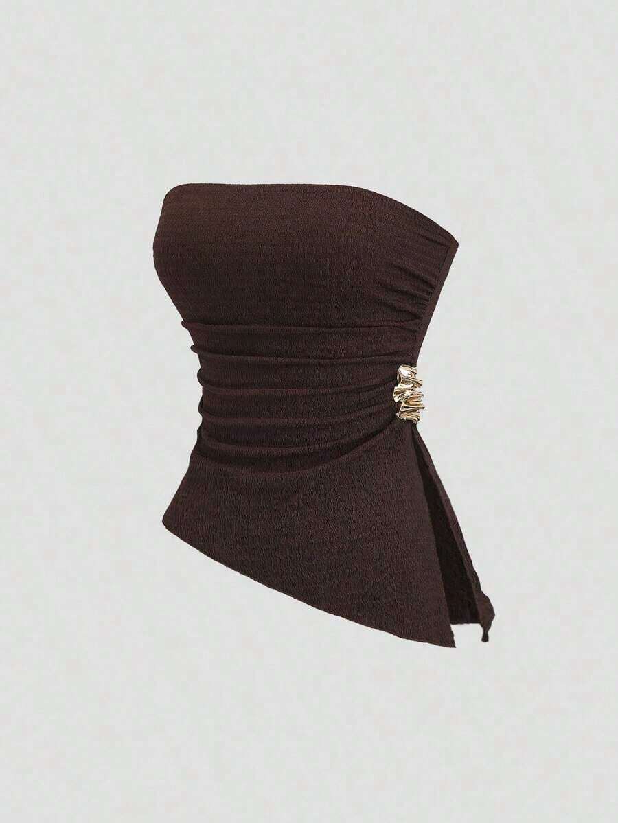 Top corto sexy de mujer con detalle fruncido y abertura lateral - Marrón - Ver 1