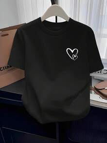Women's Casual Sports T-Shirt - Black Elastic Round Neck T-Shirt With White Heart Design On Chest, Machine Washable, Comfortable Fit And Suitable For All Seasons, For Daily Use. - Black - View 1
