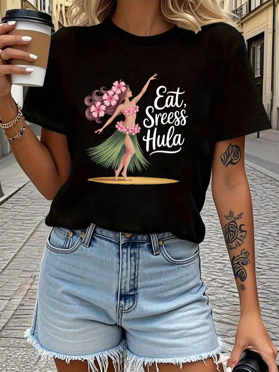 Women's T-Shirt With Hawaiian Dancer Graphic Print Eat Stress, Short Sleeve, Round Neck, Casual Top For Summer And Spring, Women's Clothing, Casual Printed T-Shirt, Short Sleeve And Round Neck, Local Spring/Summer Urban Fashion. - 黑色 - 查看 1