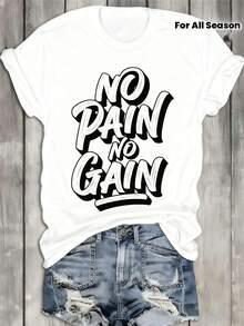 Women's Funny Motivational T-Shirt "No No Gain" - 180GSM Heavyweight, 100% Cotton, Short Sleeve, Round Neck, Casual Style - White With Black Letters - For All Seasons - Unisex, Suitable For Casual Daily Outings, Short Sleeve Summer T-Shirt, Retro Y2K Print T-Shirt. - 白色 - 查看 3