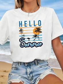 "HELLO Summer" Women's Plus Size T-Shirt With Spring/Summer Beach Print. Suitable For Beach Holidays, Summer Outings, Daily Commutes And Get-Togethers With Friends. A Short-Sleeved T-Shirt That Creates A Great Atmosphere For Photo Shoots. - 白色 - 查看 1