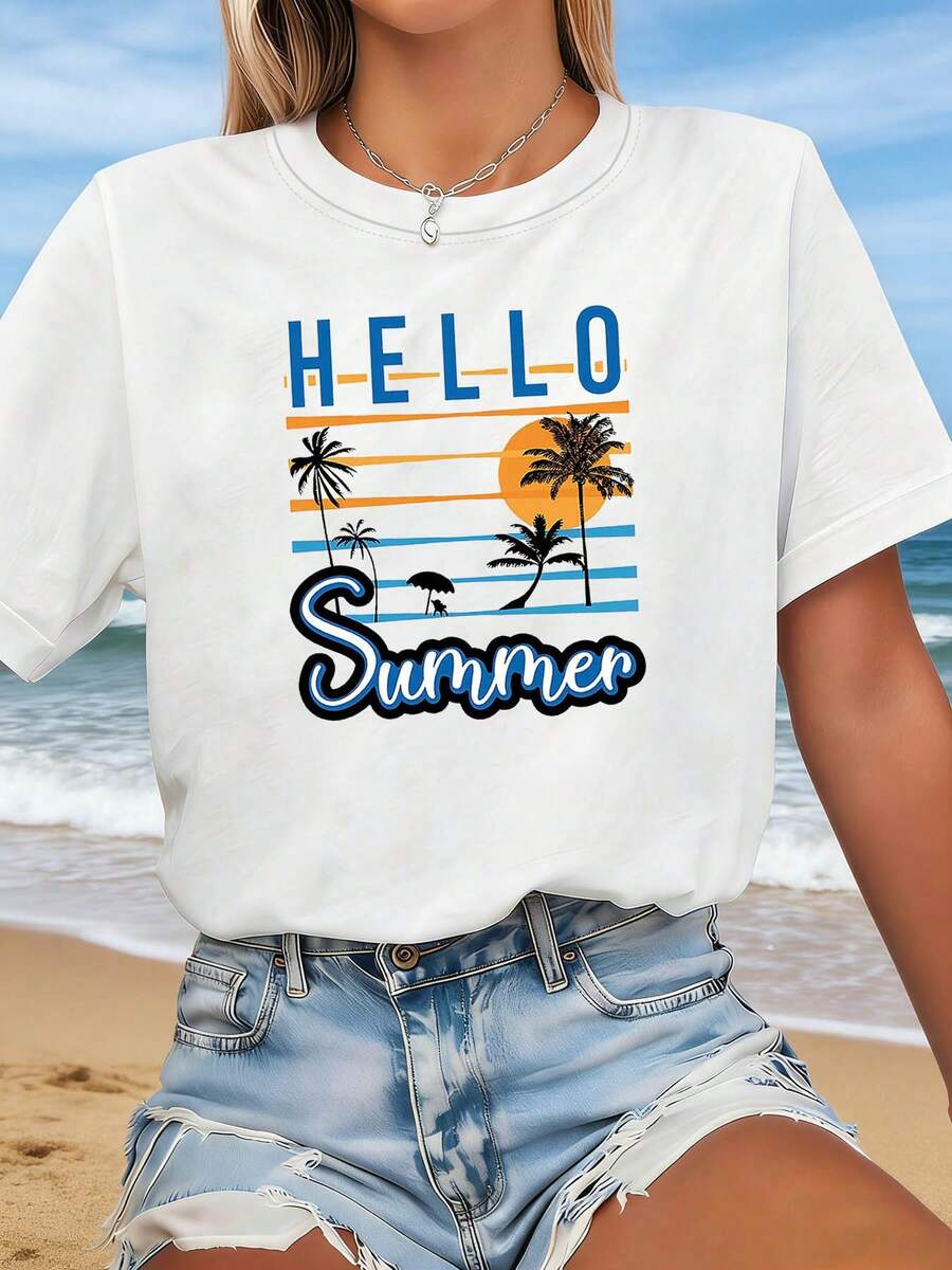 "HELLO Summer" Women's Plus Size T-Shirt With Spring/Summer Beach Print. Suitable For Beach Holidays, Summer Outings, Daily Commutes And Get-Togethers With Friends. A Short-Sleeved T-Shirt That Creates A Great Atmosphere For Photo Shoots. - 白色 - 查看 1