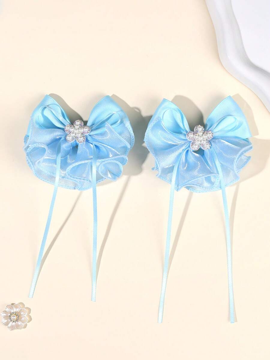 2 piezas Clips para el cabello con lazo de satén y tul color azul claro con centro de perla y diamante de imitación, accesorios de moda lindos, clips de cocodrilo y clips para el cabello, accesorios para el cabello para uso diario, fiestas y cumpleaños - Celeste - Ver 1