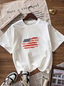 American Flag T-Shirt In Painted Style, Fashionable Short-Sleeve T-Shirt For Spring/Summer 2026, Made In Mexico, 180 Grams. Cartoon Print, Couple Design, Suitable For Indoor Or Outdoor Wear. Crew Neck, Unisex, Ideal For Office And Leisure. One-Pack. - WH-P631577SLNDXZGY613 - 查看 3