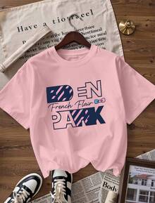 T-Shirt With "DEN PARK" And "French Flair" Text,  Short-Sleeved T-Shirt For Spring And Summer 2026, Made In Mexico, 180 Grams. Cartoon Print, Couple Design, Suitable For Indoor Or Outdoor Wear. Crew Neck, Unisex, Ideal For The Office And Leisure. One-Pack. - PK-P631577SLNDXZGY604 - 查看 4