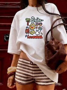 Summer Cartoon T-Shirt With "Smile~" Text, Fashionable Short-Sleeved T-Shirt For Spring And Summer 2026, Made In Mexico, 180 Grams. Cartoon Print, Couple Design, Suitable For Indoor Or Outdoor Wear. Crew Neck, Unisex, Ideal For Office And Leisure. One-Pack. - WH-P631577SLNDXZGY595 - 查看 4