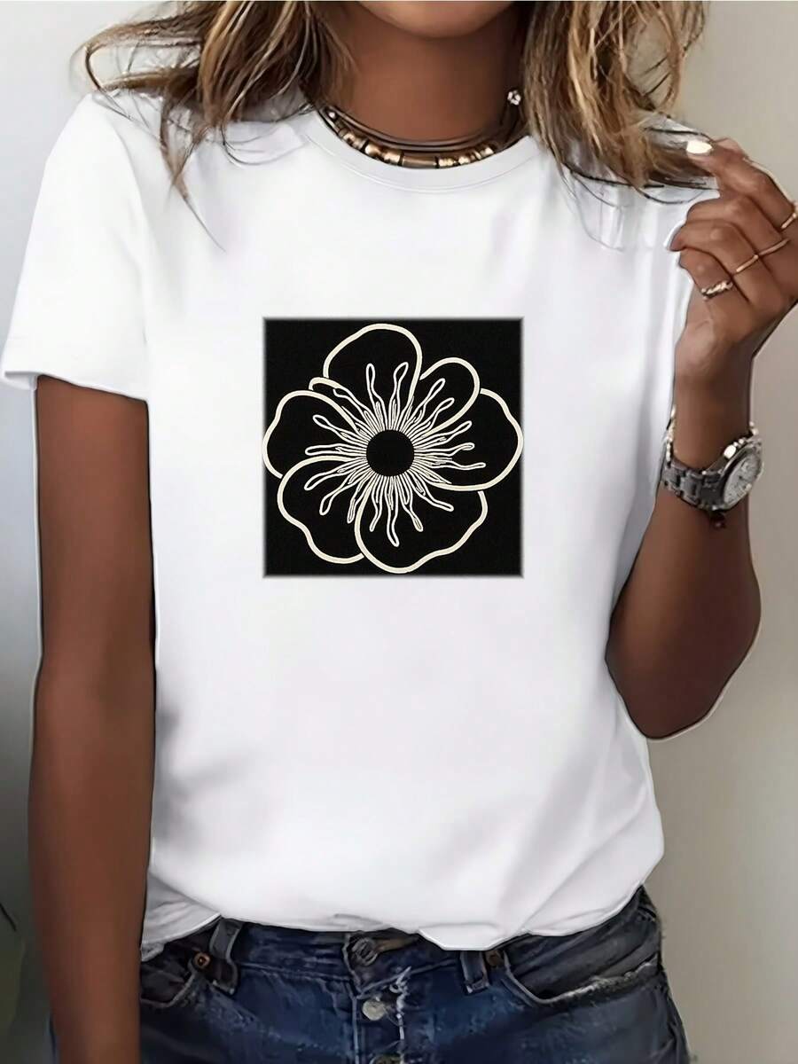 Camiseta Floral Cómoda de 180g para Mujer de Under The Radar - Regalo Perfecto para Familiares y Amigos |    Ropa de Verano |   Ideal para salidas de empresa y eventos de team building - Camiseta unisex de manga corta y cuello redondo de algodón suelto estilo vintage urbano - Blanco - Ver 1