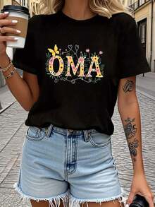 | Exquisite Design | Loose And Comfortable | Easy To Match | 1 Piece Of Women's Winter Clothing, OMA Butterfly Floral Print T-Shirt For Everyday Wear, Feminine Style For Mother's Day, Round Neck, Short Sleeve, Fashionable Casual Top, Elegant Outfit For Parties, Christmas Clothing, Christmas Gift, Autumn Clothing, Soft Material, Printed T-Shirt. - 黑色 - 查看 1