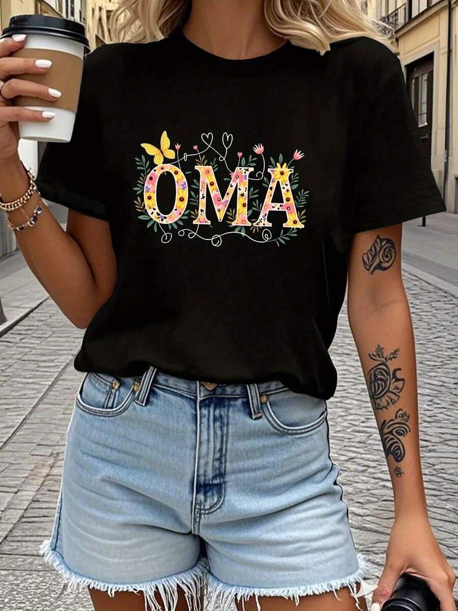 | Exquisite Design | Loose And Comfortable | Easy To Match | 1 Piece Of Women's Winter Clothing, OMA Butterfly Floral Print T-Shirt For Everyday Wear, Feminine Style For Mother's Day, Round Neck, Short Sleeve, Fashionable Casual Top, Elegant Outfit For Parties, Christmas Clothing, Christmas Gift, Autumn Clothing, Soft Material, Printed T-Shirt. - 黑色 - 查看 1