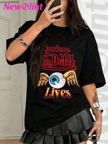 NewGlint Women's Pure Cotton Casual T-Shirt, Simple And Elegant Print, Round Neck, Short Sleeve, Fun Summer Urban Style, Surprise Gift For Family And Friends - Unisex, Suitable For Casual Daily Outings, Summer Short Sleeve T-Shirt, Retro Y2K Print T-Shirt, Women's Casual Printed T-Shirt, Short Sleeve And Round Neck, Local Spring/Summer Urban Fashion. - 黑色 - 查看 6