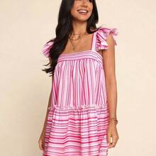 Vestido corto de mujer de gasa con mangas de avión, adecuado para vacaciones de primavera/verano - Rosa - Ver 4