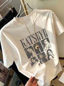 1pc Tween Girl Printed Short Sleeve T-Shirt, Student Youth Clothing, Summer Gift - Apricot - View 2