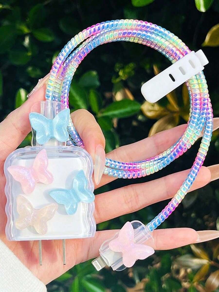 5个TPU数据线防弯折绕线器，彩色蝴蝶造型线缆保护套，适用于 18/20W充电，送朋友的理想礼物 - 彩色 - 查看 1