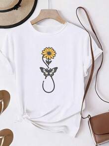 Women's T-Shirt, Modern And Elegant Top For Ladies, With Sunflower And Butterfly Prints, Fresh And Natural Design, Beautiful Short-Sleeved T-Shirt With Round Neck, Available In Multiple Sizes And Colors, Casual Sporty Style, Casual Wear. - 白色 - 查看 1