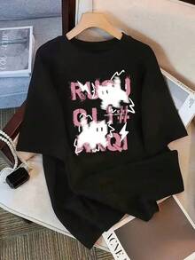 Camiseta negra informal de manga corta con cuello redondo para hombre,Camisetas Para Mujer T-shirt única de estilo y2k con diseño impactante de letras en neón y rayos, perfecta para destacar en cualquier ocasión, ideal para los amantes de la moda contemporánea, cómoda y versátil, añade esta prenda esencial a tu colección ahora mismo - Negro - Ver 6