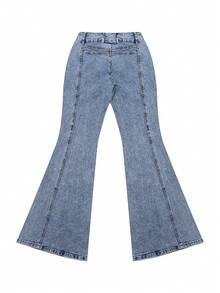 Calças jeans Y2K elásticas azuis de cintura baixa, skinny e bengala, femininas, sexy, vintage, elegantes, streetwear, bengala, férias, casual, calças bengala, verão 2026 casual - Azul Empoeirado - Ver 8