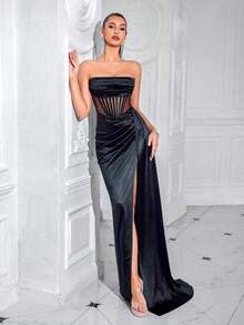 Vestido largo de fiesta con pliegues en espina de pescado y espalda descubierta con cinta, vestido de noche de boda de cintura ajustada, primavera negro - Negro - Ver 8