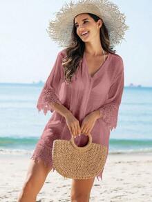 Blusa Tipo Kimono De Encaje Para Mujer Para Boda - Rosa vieja - Ver 3
