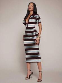 Vestido casual de talla grande para mujer con mangas cortas, rayas y botones con media cartera - Multicolor - Ver 6