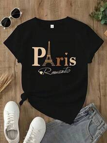 Camiseta Y2K Paris Romántico diseño elegante con Torre Eiffel ideal para tu estilo único destaca entre las  de moda en México perfecta para cualquier ocasión una sola pieza disponible siente la comodidad y la frescura del diseño exclusivo Cómoda y versátil para escuela, trabajo, salidas y eventos casuales - Negro - Ver 1