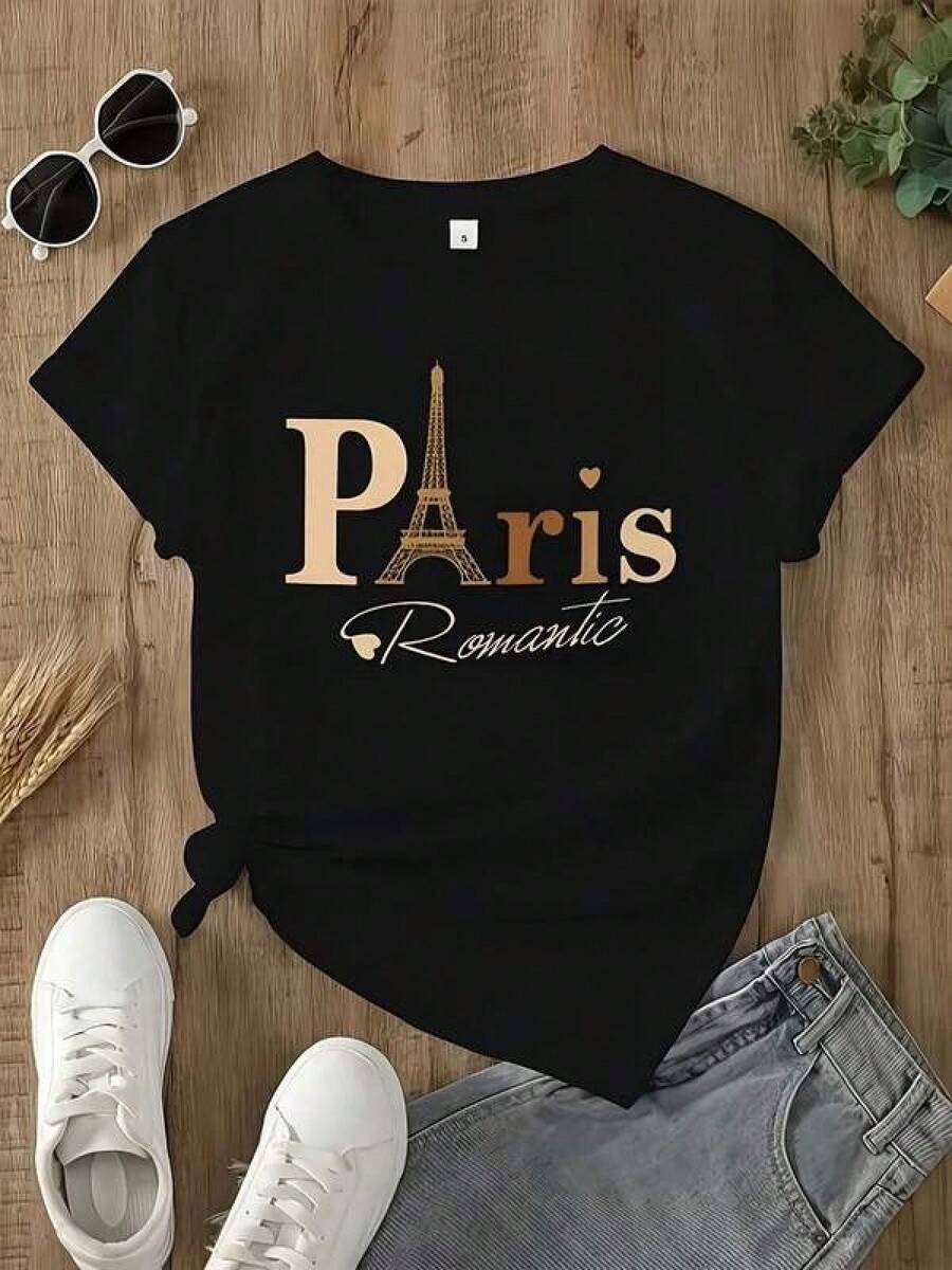 Camiseta Y2K Paris Romántico diseño elegante con Torre Eiffel ideal para tu estilo único destaca entre las  de moda en México perfecta para cualquier ocasión una sola pieza disponible siente la comodidad y la frescura del diseño exclusivo Cómoda y versátil para escuela, trabajo, salidas y eventos casuales - Negro - Ver 1