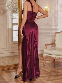 Vestido de verano para mujer , color vino tinto, vestido de fiesta con un hombro, fruncido elástico y abertura, adecuado para el Día de San Valentín, citas, reuniones, fiestas, viajes, vacaciones, playa y otras ocasiones - Burdeos - Ver 3