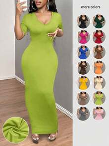 Vestido ajustado corto de manga corta con cuello en V liso para baile de graduación - Verde Oliva - Ver 1
