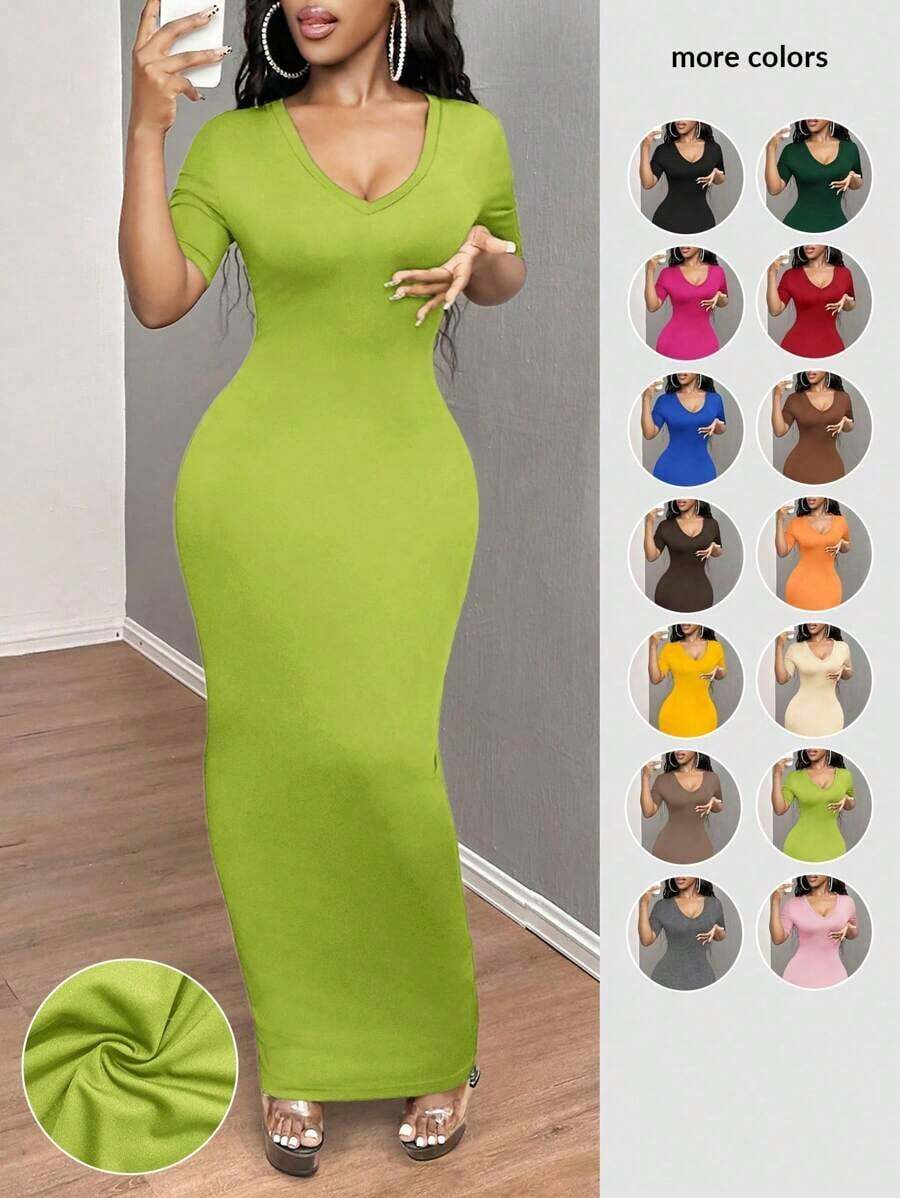 Vestido ajustado corto de manga corta con cuello en V liso para baile de graduación - Verde Oliva - Ver 1