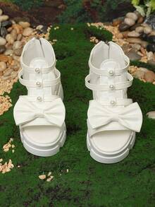 1 Pair Teenage Girls' White Thick-Sole Roman Style Princess Sandals, Solid Color Soft PU Woven + Shiny Pearl Bow Decor, Round Toe Open Toe Chunky Heel Comfortable Soft Bottom Non-Slip Rear Zipper Design, Fashion Sweet Princess Style Wedge Sandals, Suitable For Daily, School, Outing, Travel, Spring/Summer New Arrival - White - View 4