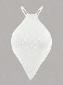 Blusa de punto de mujer de verano con cuello halter, dobladillo asimétrico y unicolor - Blanco - Ver 1