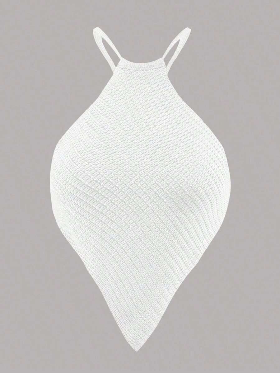 Blusa de punto de mujer de verano con cuello halter, dobladillo asimétrico y unicolor - Blanco - Ver 1