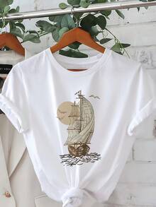 Limited Time Offer, Limited Quantities, Flash ! Women's Casual Shirts, Women's Polyester T-Shirts, Stylish Shirts. Graphic Print T-Shirt Featuring A Sailboat And Birds, Designed With Short Sleeves And A Crew Neck, Perfect For Casual Wear In Summer And Spring, Ideal For Women - 白色 - 查看 9