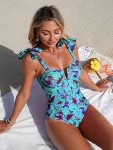 Swim Basics 1 pieza Traje de baño de una sola pieza con estampado sólido y floral y tirantes de espagueti anudados para mujer - Multicolor 4 - Ver 6